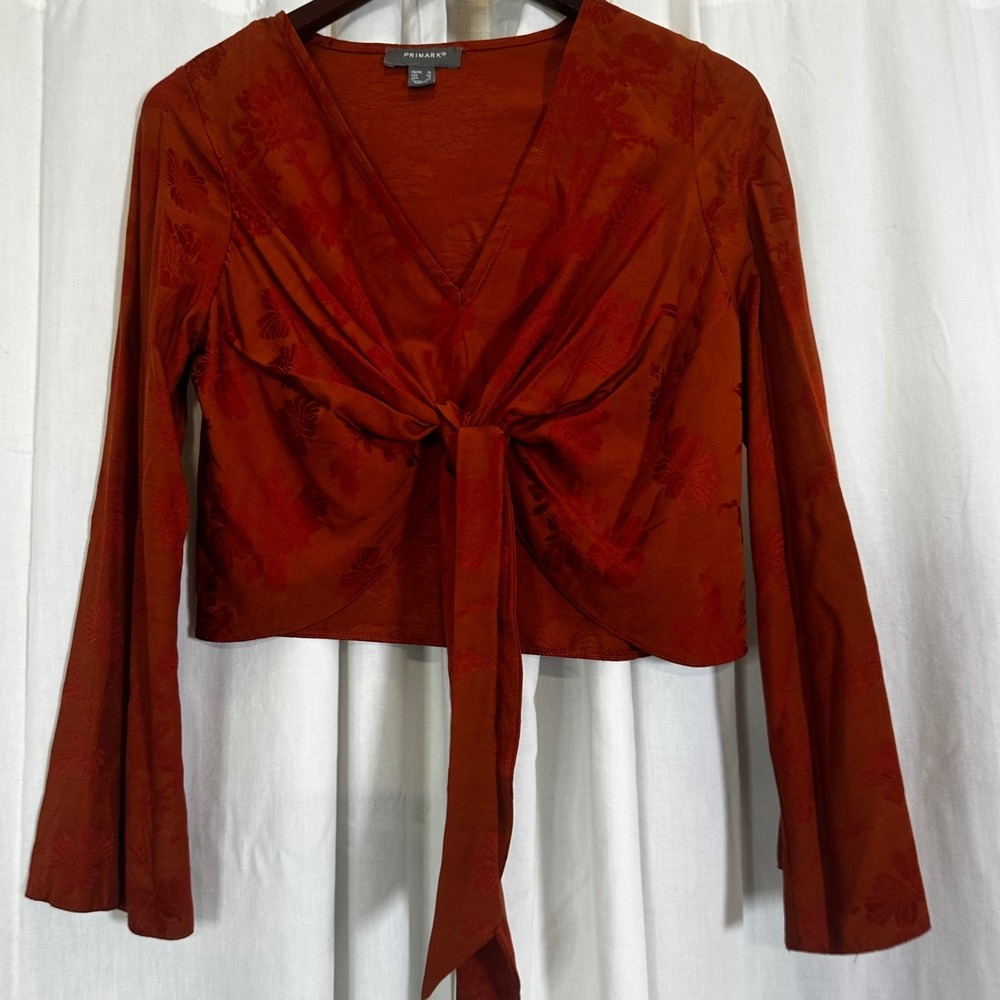 Primark Rust Orange Y2K Retro Long Bell Sleeve Tie Front Cropped Blouse‎ Women 6